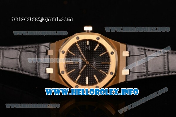 Audemars Piguet Royal Oak 41 Clone AP Calibre 3120 Automatic Yellow Gold Case with Black Dial Stick Markers and Black Leather Strap (BP) - Click Image to Close